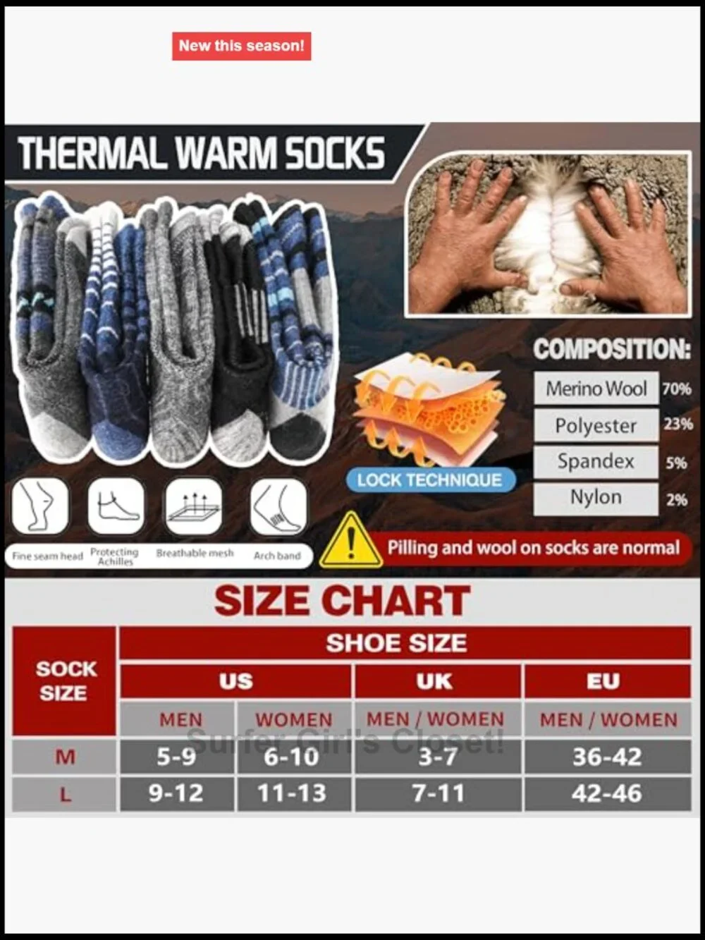 5 Pairs Merino Wool Hiking Socks Thermal Winter Cushion Outdoor Socks Unisex